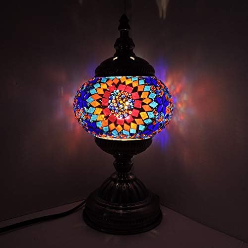 SILVERFEVER Handcrafted Mosaic Turkish Lamp Moroccan Glass Table Desk Bedside Light Bronze Base with E12 Bulb (Floral Burst)