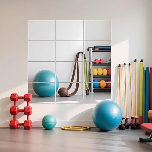 Wall Mirror Tiles, 16" x 12" x 12PCS Home Gym Mirror Tiles Frameless Glass | Workout Mirror Tiles for Garage, Bedroom, Living Room, Over The Door, Frameless Mirror Sets