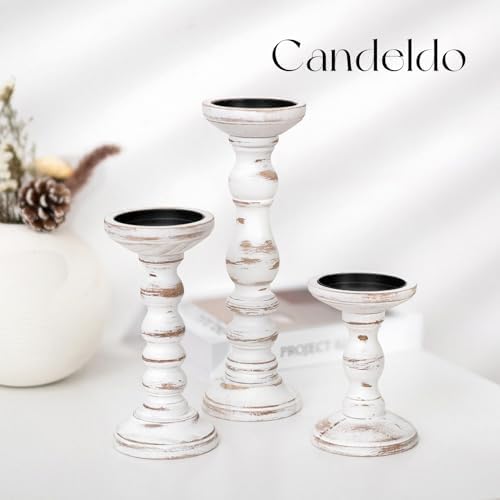 Candeldo Wood Candle Holders for Pillar, White Farmhouse Fireplace Decor