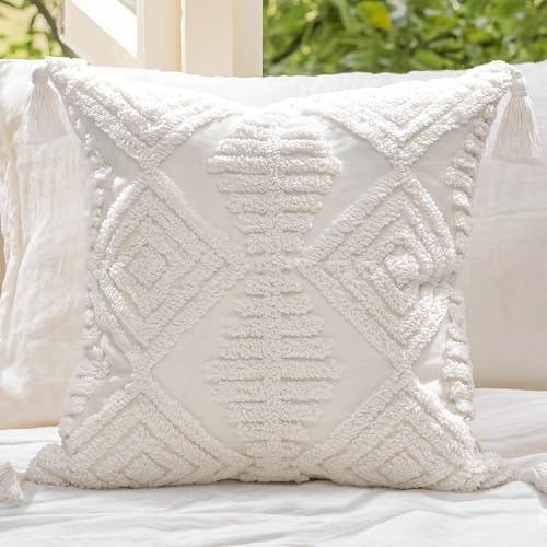 Boho Throw Pillow Covers 20x20 Tufted Tassels for Sofa Off-White