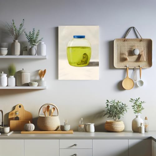 Framed Funny Kitchen Canvas Wall Art, The Last Pickle in Green Cucumber Jar Pictures Wall Decor Paintings, Lonely Pickle Prints Eclectic Home Decor for Dining Room Living Room 12X16 inch