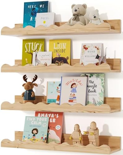 Seocry Kids' Bookshelf Set of 4 - Wood Floating Nursery Book Shelves, Picture Ledge Shelf for Wall Decor and Storage - Perfect for Books, Toys, Photo Frames, and Nursery Décor