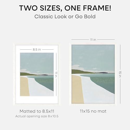 Homeforia 11x15 White Oak Picture Frame, High-End Wood, 8.5x11 Mat, Glass