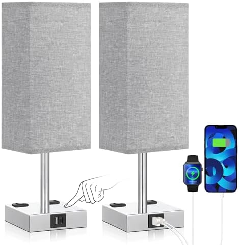Light Grey Touch Lamps Set for Bedroom - Dimmable, USB C+A, 2 AC Outlets