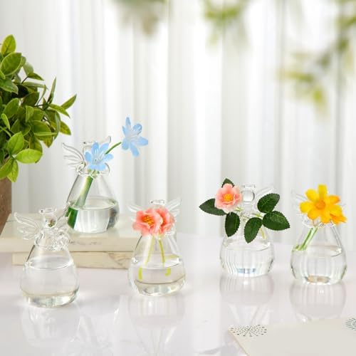 10 Pcs Angel Design Glass Vases, Clear Hanging Flower Vase Bulk | Guardian Angel Figurine Decor, Wedding Centerpieces for Tables, Terrarium Plant Holder, Garden Ornaments Greenery Display