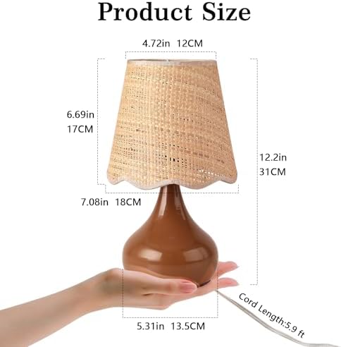 Ziqqeelam Brown Small Bedside Table Lamp for Bedroom, Farmhouse Bedroom Lamps for Nightstand, Rattan Lamp Shade Table Lamps for Small Spaces for Kitchen Counter, Home Office, Living Room, Kids Dorm