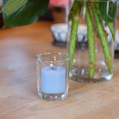 Set of 72 Richland Votive Candles Light Blue Unscented and 72 Clear Glass Eastland Votive Holders