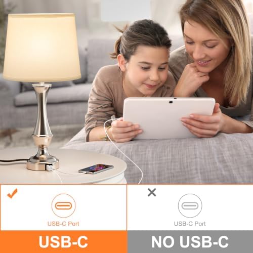 Seealle Upgraded Touch Lamps for Night Stands Set of 2 - Bedside Lamps with USB C+A, 3 Way Dimmable for Bedroom Living Room End Tables Office (White&Nickel)