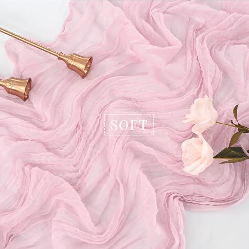 Light Pink Cheesecloth Table Runner 10FT Runner for Tables Gauze Fabric 35 x 120 Inches Long Boho Table Runner Decoration Rustic Sheer Runner for Wedding Birthday Baby Shower Party (Light Pink)