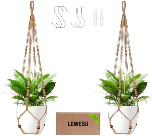 LEWESU Jute Macrame Plant Hanger Indoor Set of 2 Hanging Planter Basket Flower Pot Holder with Decorative Wood Beads & No Tassels for Indoor Outdoor Boho Home Decor, 35 Inch Brown (Pots Not Included)