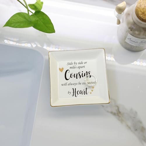 HOME SMILE Cousin Gifts Mother's Day,Ceramic Ring Jewelry Dish Tray Plate for Birthday Graduation Christmas Wedding,Sise by Side or Miles Away,Cousins will AwaysConnected by Heart