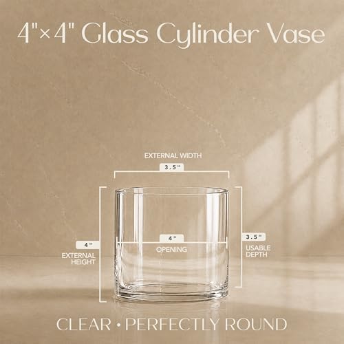 Royal Imports Glass Cylinder Flower Vase 4" Wide x 4" Tall, Clear | Cylinder Vases for Centerpieces for Tables, Floating & Votive Candle Holders Wedding Decor, Storage, Home & Event Decorations