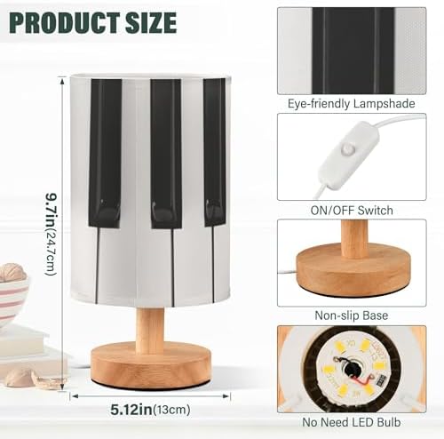 Table Lamp Piano Key Black and White Musical Instrument Nightstand Lamp with Wood Base Fabric Lamp Shade Bedside Desk Lamp for Living Room Bedroom Kids Room Office