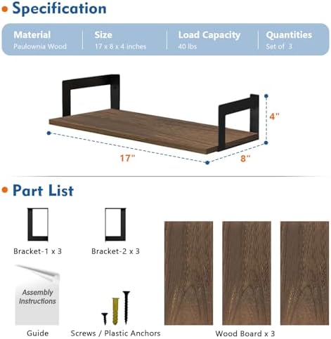 Harwaya Floating Book Shelves for Wall Set of 3, 17 x 8 Inch Deep Wooden Wall Bookshelf for Bedroom Office, Rustic Wood Hanging Wall Shelves for Living Room Kitchen (Dark Brown)