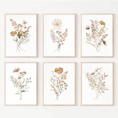 Watercolor Flower Wall Art Set of 6 Botanical Wildflower Wall Decor Boho Neutral Canvas Wall Art Vintage Prints Floral Pictures Minimalist Farmhouse Poster for Room Bedroom 12x16 Inch Unframed