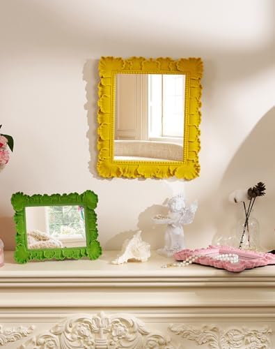 Mirror Wall Decor with Resin Frame for Room Makeover,Yellow-Orange | 14x12",Soft Velvet-like Touch,Decorative Wall-Mounted Mirror for Bathroom Hallway Entryway Staircase Art Gallery