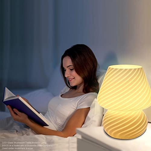 BSOD Mushroom lamp,Glass Mushroom Bedside Table Lamp Translucent Murano Vintage Style Striped Small Nightstand Desklamp Swirl Light for Home Decor, Dining, Living, Bedroom, Gift (Matte White)