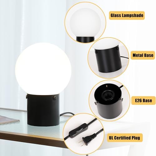 Somniferous Small Table Lamps Set of 2, Black Table Lamp with Frosted Glass Globe Shade, Mid Century Modern Bedside Lamps, Nightstand Lamps for Bedroom Living Room Dorm, 7W LED Bulb Included