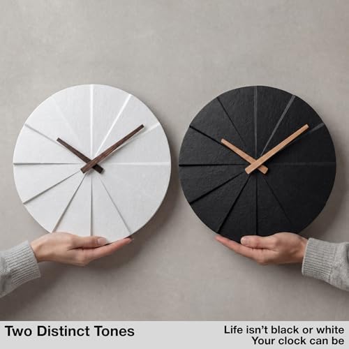 Driini Modern Wall Clock with No Numbers and Wooden Hands. White 12.5 Inch | Silent battery operated quartz; frameless oversized polyresin face; decorative minimalist style for a living room or office.