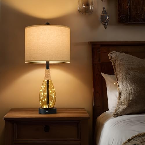 OYEARS 23" Table Lamps for Living Room Set of 2 Bedside Lamps for Night Stands Bedroom Lamps Farmhouse Rattan Boho Lamp Glass Nightlight End Table Lamp,Two Light Points