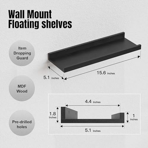 RICHER HOUSE 3-Set Floating Shelves with Lip, Black Small Wall Shelf, 16In
