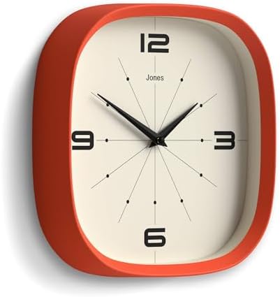 JONES CLOCKS® Pulsar wall Clock | Square Rounded Retro Clock | 10" | Orange | Cool Designer Look for Kitchen, Living Room or Office