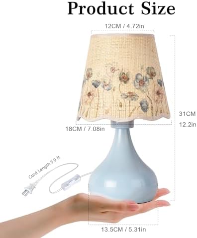 Ziqqeelam Blue Small Bedside Cute Table Lamp for Bedroom, Table Lamps for Nightstand, Scalloped Rattan Shade Table Lamps for Small Spaces for Bedroom, Home Office, Living Room