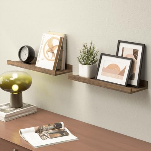 Boswillon Floating Shelves Set of 2, Small Wall Shelf with Lip, 16in, Brown