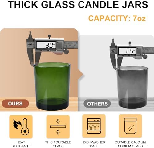 SHOWIN Thick Candle Jars for Making Candles 12 Pcs, 7 OZ Empty Jars with Wood Lids for Candle Making, Sample Container, Clear Green