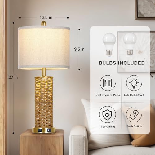 CINSARY 27" Natural Rattan Table Lamps Set of 2, Boho Bedside Lamp for Bedroom with Night Light, Woven Wicker Nightstand Lamps with 2 USB Ports & AC Outlet, Tall Farmhouse Living Room Lamp, Gold