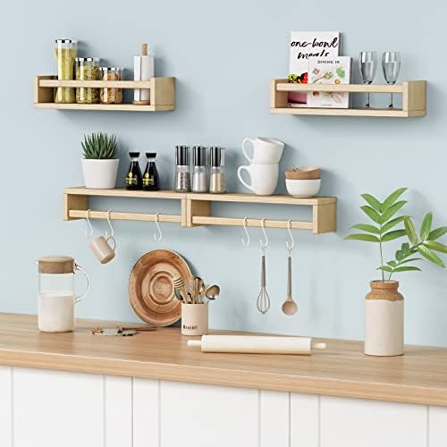 Forbena Natural Wood Nursery Book Shelves Wall Mounted, Floating Bookshelf for Kids Room, Baby Toys and Books Storage Organizer Bookshelves for Toddler Child Bedroom Bathroom (4 Pack Light Wood)