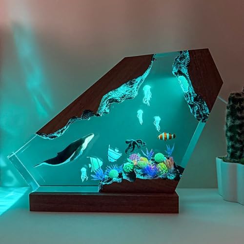 Handmade Blue Whale Resin Lamp with Wood Base