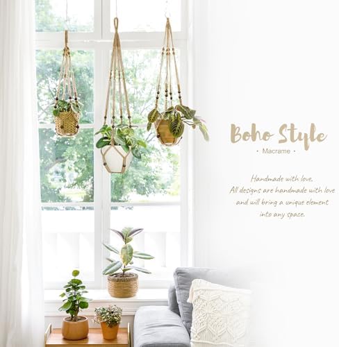 Mkono 3 Pack Macrame Plant Hangers Hanging Planters for Indoor Plants Brown