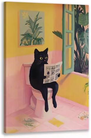 Cyebmo Funny Bathroom Wall Art, Cute Black Cat Sitting on Toilet Reading Newspaper Wall Decor, Whimsical Pink Abstract Animal Wrapped Canvas Artwork for Bathroom Kid's Restroom Bedroom 16x24 Inch