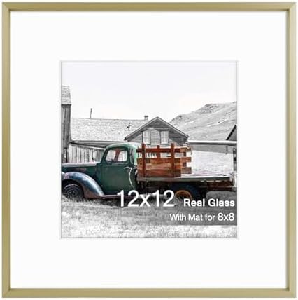 Golden State Art 12x12 Gold Aluminum Frame, Real Glass, Mat Fits 8x8