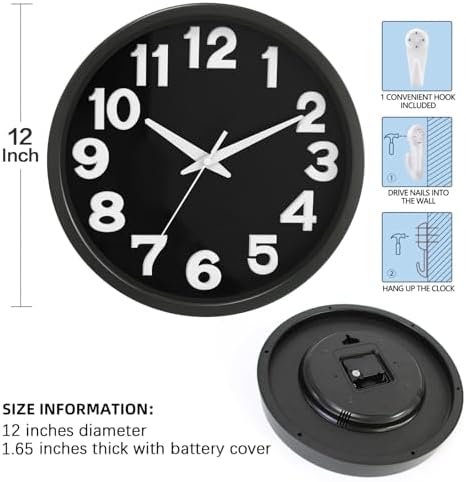 Caysie 12 Inch Large 3D Numbers Silent Non Ticking Wall Clock, Modern Quartz Battery Operated Round Clock, Decorative for Kitchen, Bedroom, Living Room, Office (Black)