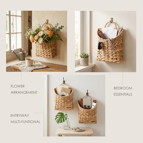 Set of 2 Water Hyacinth Hand Woven Basket, Wicker Hanging Wall Basket, handmade Decor & Storage Organizer for Entryway, Bathroom, Living Room, Farmhouse, and Front Door, 8.7 x 4.7 x 11.4 inch
