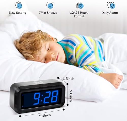 Digital Alarm Clock Battery Operated with LED Display for Bedrooms, Long Battery Life, 3 Brightness Adjustable, 12/24 Hour, Snooze, Black Case with Blue Digits