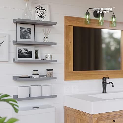 RICHER HOUSE 5-Set Floating Shelves with Lip, Grey Wall Mounted Wood Shelf