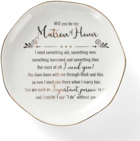 HOME SMILE Matron Of Honor Ring Dish - Will You Be My Matron Of Honor - Jewelry Trinket Dish Tray, Bridesmaid & Bridal Shower Gifts - Proposal Gift For Bestie, White Ceramic