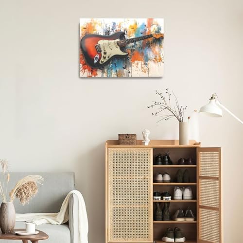 Guitar Wall Art Guitar Wall Decor Music Pictures Graffti Musical Instruments Canvas Prints Painting Artwork Splash Decoration for Music Room Bedroom Living Room Framed Gifts 16"x24"