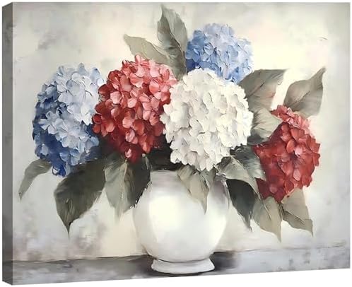 RIBNTAK Patriotic Hydrangea Wall Art USA Red White Blue Flower Vase Print Pictures Wall Decor Canvas Painting Artwork Decorations for Bedroom Bathroom Kitchen Living Room,Made in USA