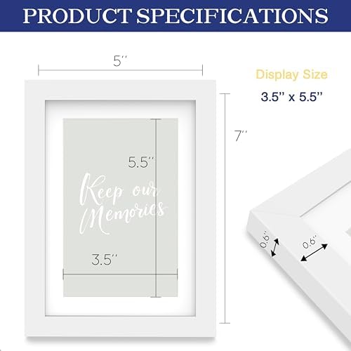 An&He 5 x 7 Picture Frame, Wood Photo Frame with HD Tempered Glass for Wall and Tabletop Display, White, 1Pack