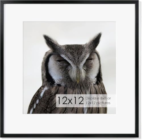 12x12 Metal Picture Frame with 8x8 Mat, Brushed Aluminum Finish, Attached Hanging Hardware, and Tempered Glass Front - Versatile Vertical or Horizontal Wall Display Frames Set of 1 - Black