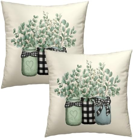 Eucalyptus Leaves Throw Pillow Covers Set of 2 Spring Green Botanical Plaid Jar Vase Print Decorative Pillowcase Summer Seasonal Natural Farmhouse Cushion Cover for Home Sofa Bedroom Porch 16x16 in