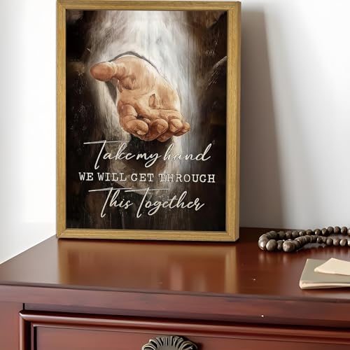 Framed Jesus Wall Art Christian Canvas Wall Decor Painting The Hand of God Posters Prints Pictures Inspirational Art Decorative Oil Paintings for Church Prayer Room Living Room Home 8x10 Inch