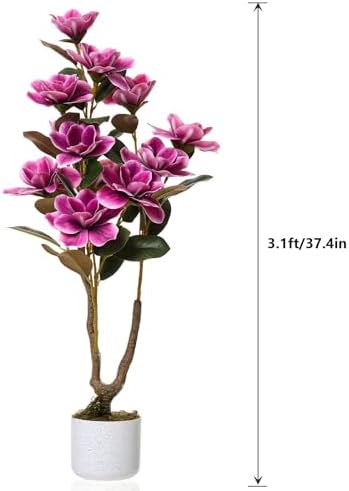 37" Artificial Magnolia Tree in White Planter, 2 Pack Realistic Magnolia Grandiflora with 12 Lifelike Flowers, 3.1FT Fake Potted Plant for Home Office Decor Indoor Outdoor