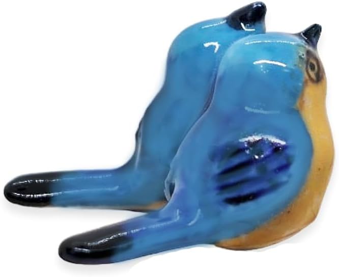 WitnyStore Tiny ¾ Inch Long Blue Yellow Twin Eastern Bluebird Bird Figurine - Miniature Hand Made Ceramic Birds Aves Colorful Porcelain Feathered Animals Cute Decorative Collectible Figure Décor Gifts