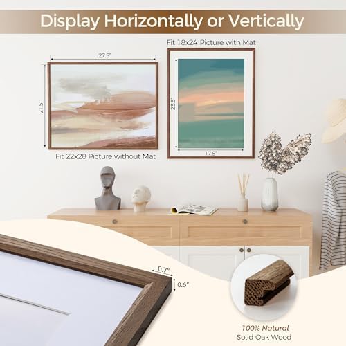 Fun Memories 22x28 Poster Frame, Solid Oak Wood 22x28 Frame Matted to 18x24, 22"x28" Wood Frame with Wall Hook Included (Walnut, 1 Pack)