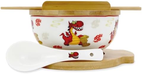 XWORLD Japanese Ceramic Ramen Noodle Bowls Set with Ceramic Spoon, Bamboo Chopsticks, Lid & Trivet, Serving Capacity of 20 OZ, Microwavable Oven Safety (2.75” x 5.75” D) (Dragon and money)